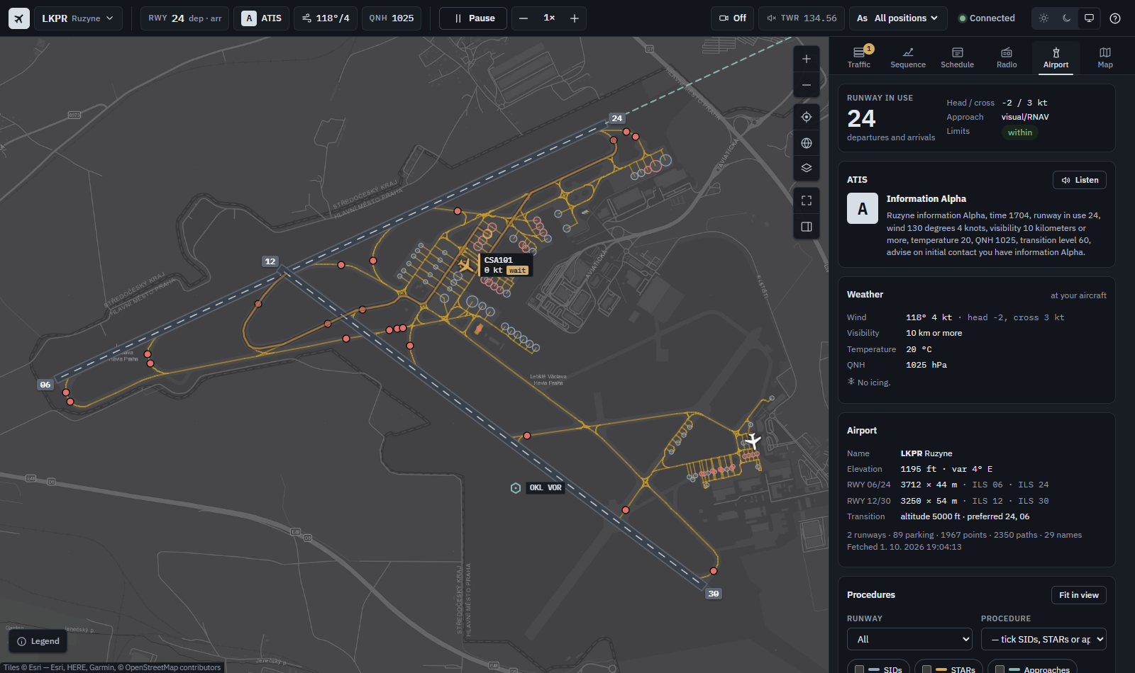 Airport: runway in use, weather and ATIS