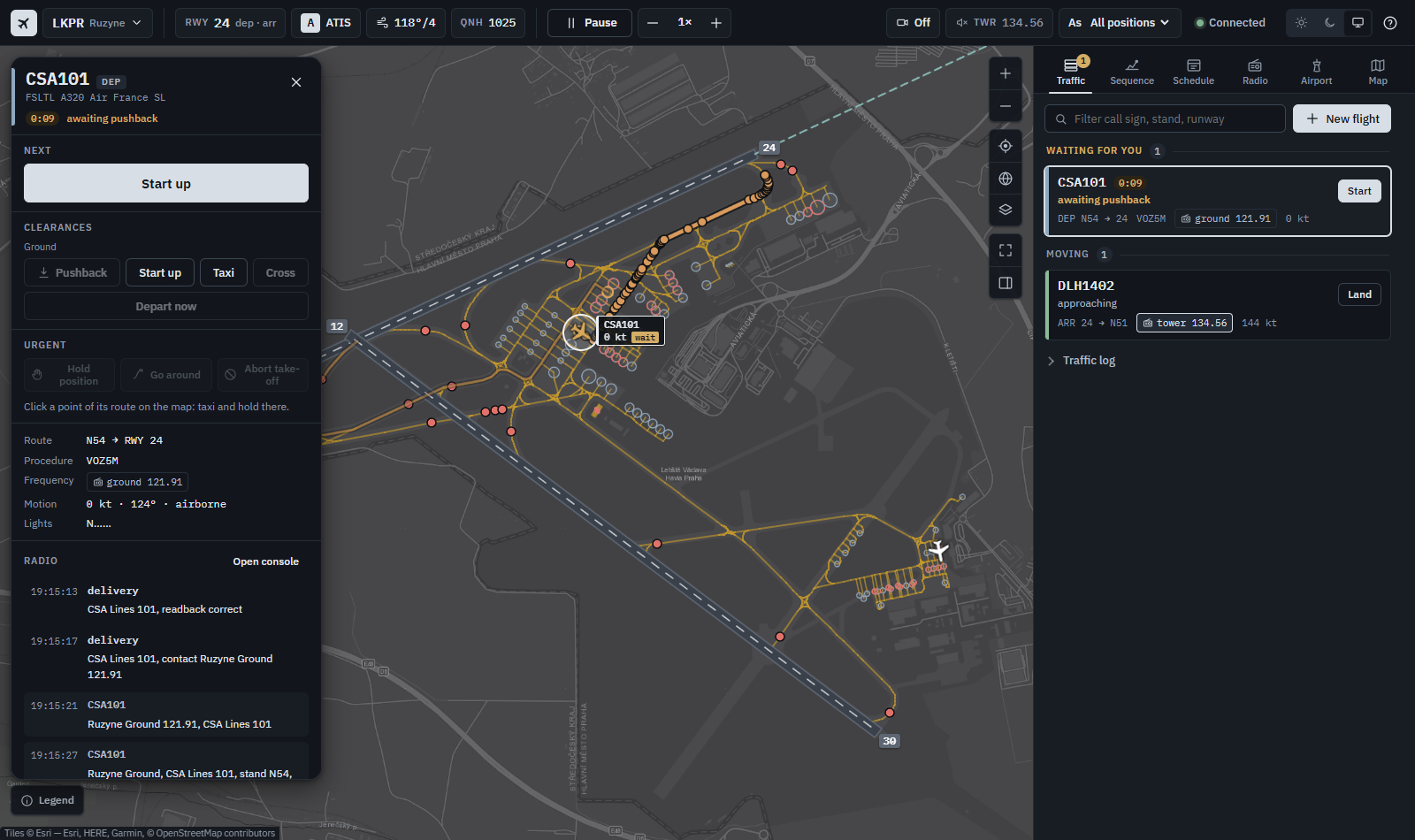 The airport map at LKPR: the status strip, a departure selected, the traffic list